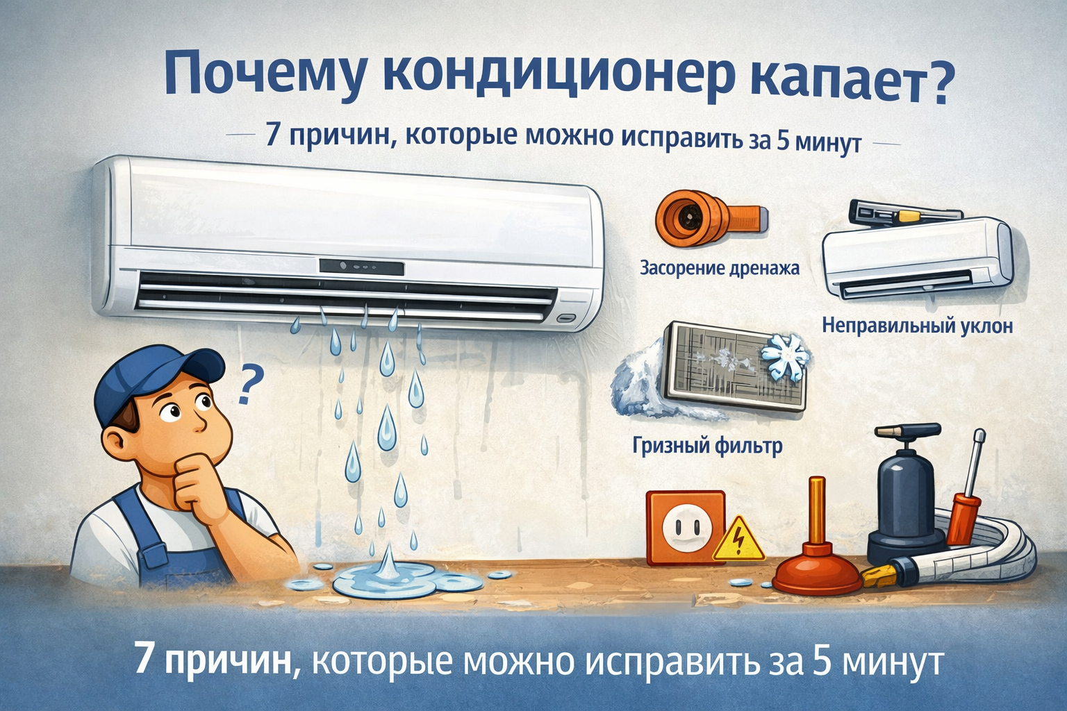 Почему кондиционер капает? 7 причин, которые можно исправить за 5 минут.